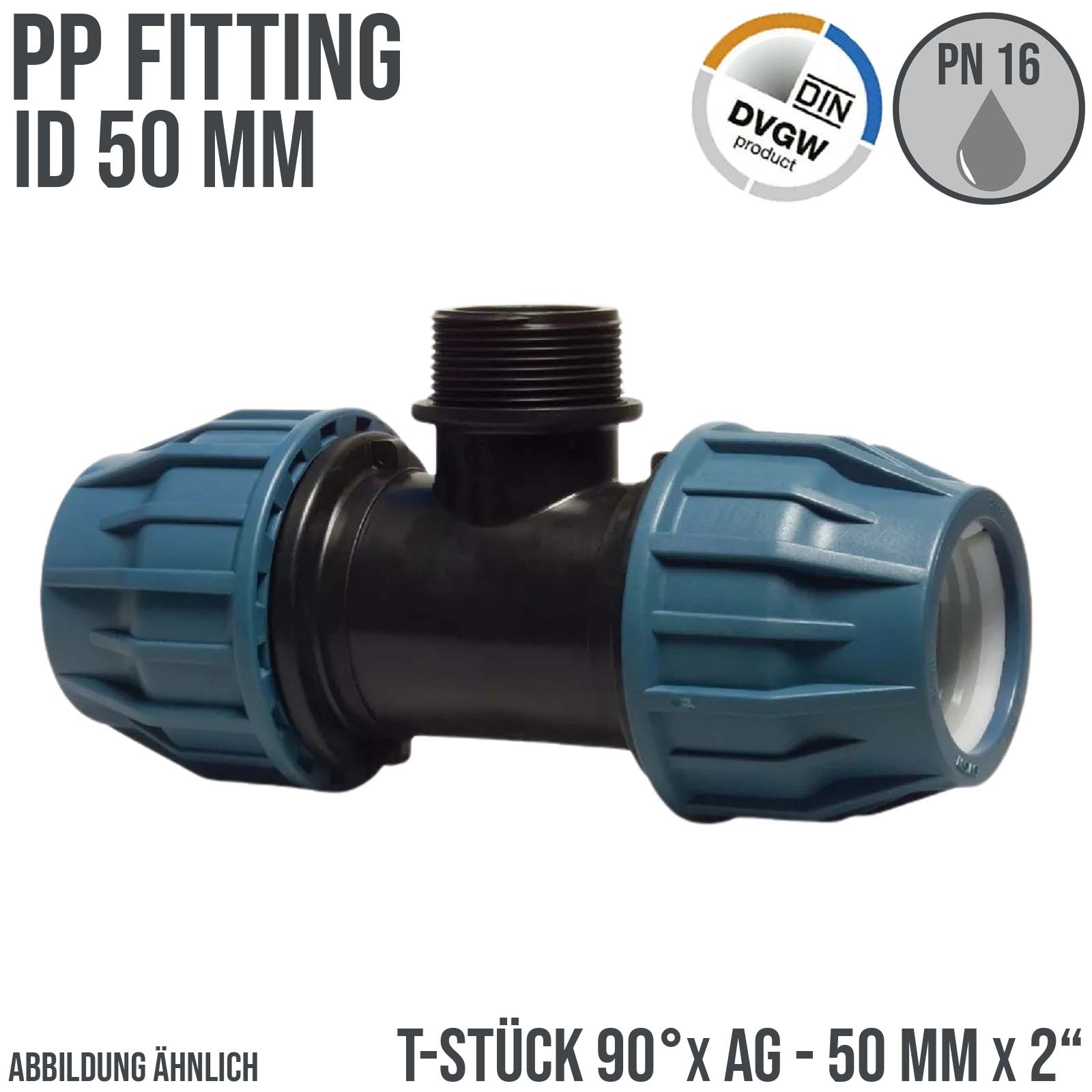 50 mm x 2" PE PP Fitting Klemm Verbinder Verschraubung Rohr T-Stück 90° x AG DVGW - PN 16 bar 