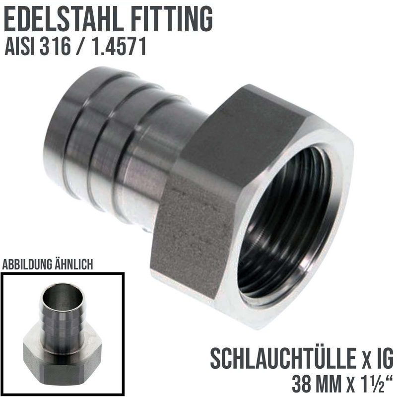 1 1/2" x 38 mm Schlauch Tülle Stutzen Innengewinde IG Nippel Edelstahl AISI 316 VA Fitting - PN 20 bar
