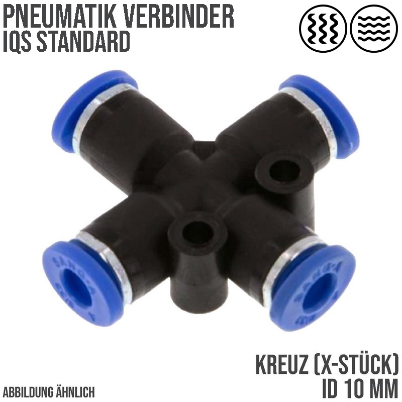 10 mm Pneumatik Steck Verbinder IQS Kreuz blau/schwarz PA PU Schlauch - PN 20 bar