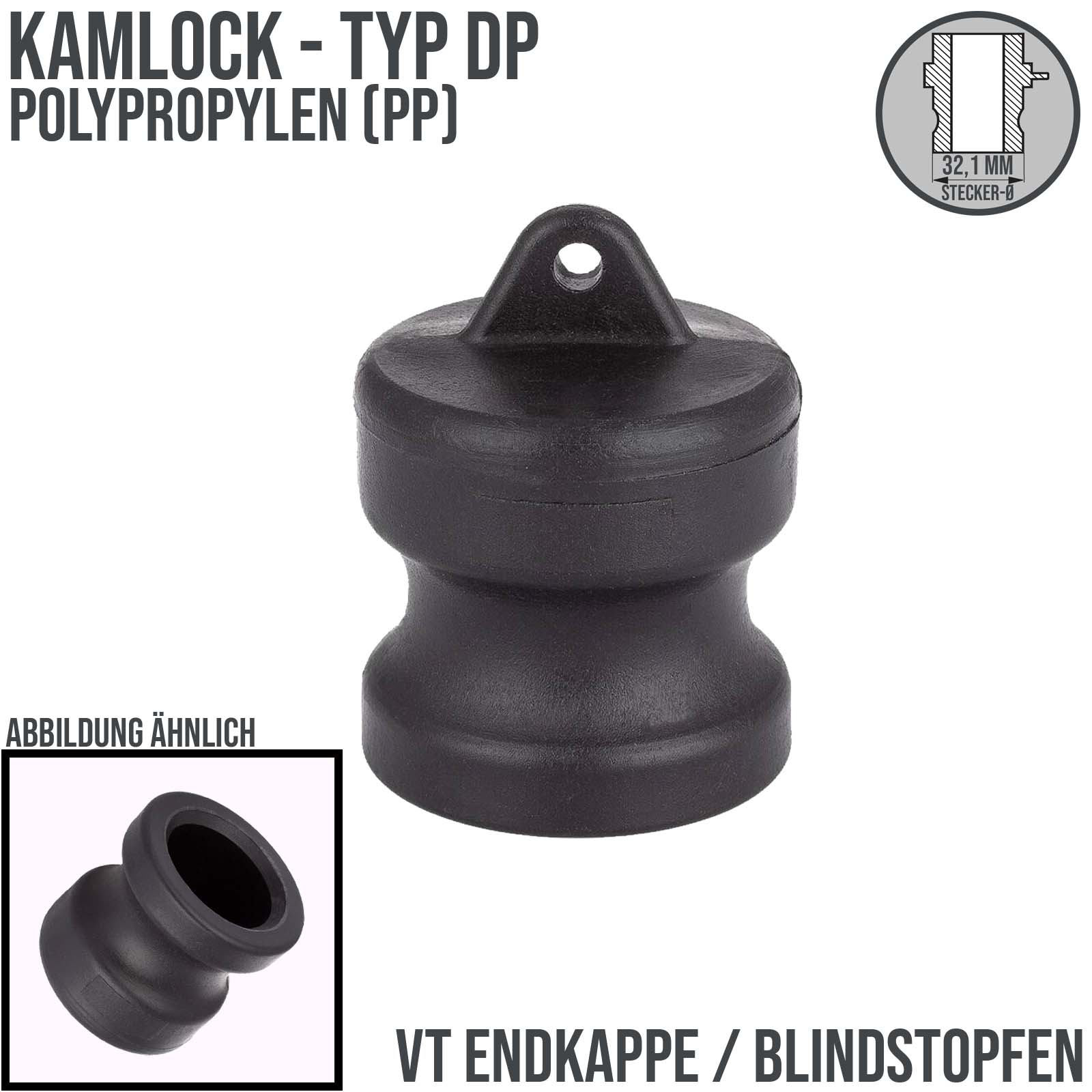 Kamlock Typ DP - Blind Stopfen Polypropylen (PP) Verschluss Kappe 32,1 mm - 3/4" Zoll DN19 DN20 - PN 8,5 bar