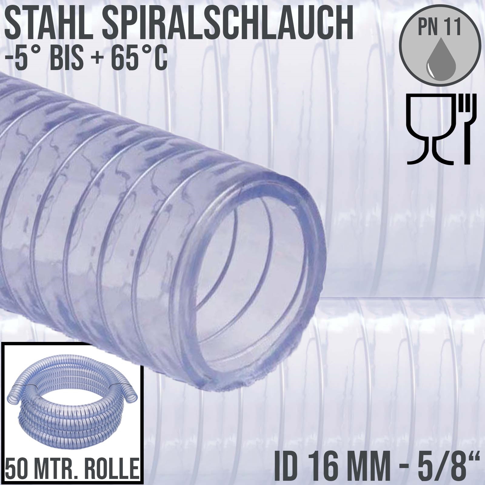 16 mm 5/8" Zoll Saug Ansaug Druck Abwasser Pumpen Schlauch Stahlspirale transparent PN 11 bar - 50 m