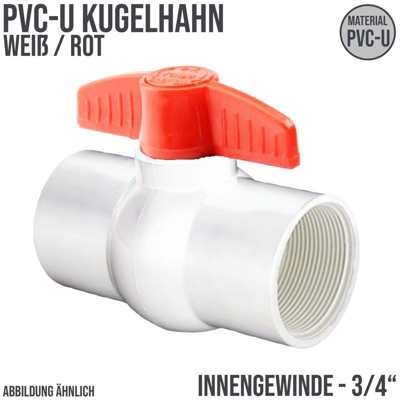 3/4" PVC Kugel Absperr Hahn Ventil ECO weiss beitseitiges Innengewinde PN 10 bar - roter Griff