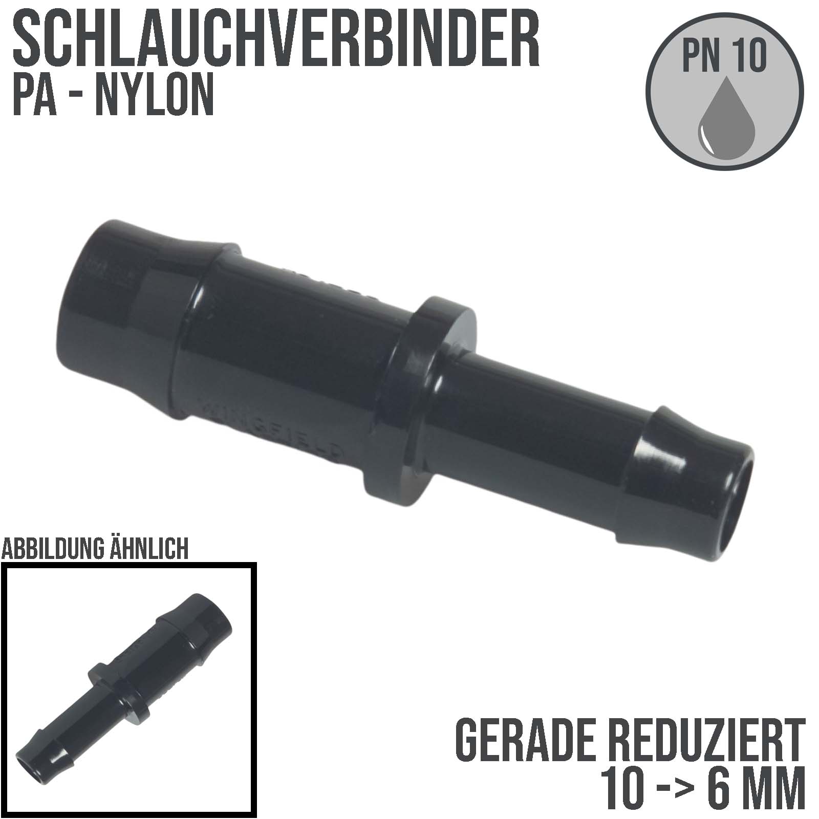 13 x 6 mm PA Nylon Schlauch Verbinder Reduktion Stutzen Tülle Kupplung Fitting WF schwarz PN 10 bar