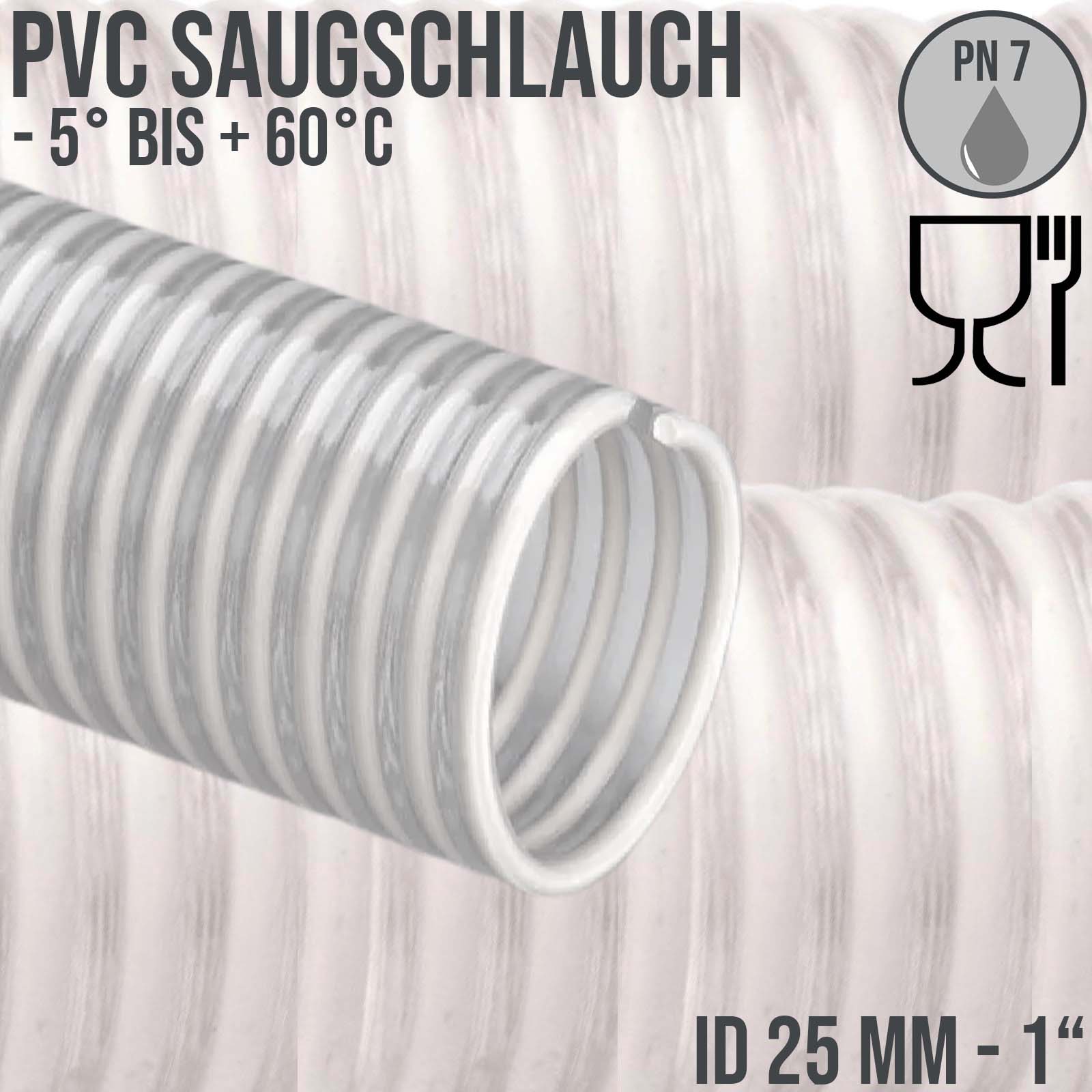 25 mm 1" Zoll Saug Ansaug Spiral Förder Pumpen Schlauch Lebensmittel Saatgut weiß PN 7 bar