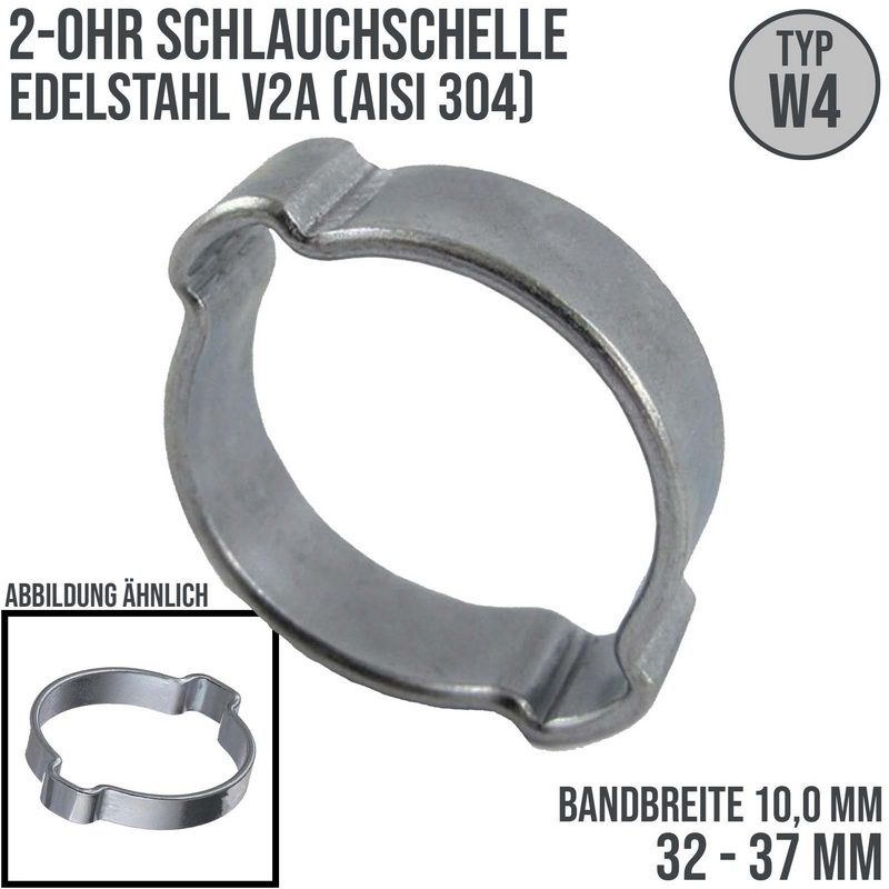 32 - 37 mm 2-Ohr Doppel Schlauch Schelle Edelstahl 1.4307 W4 - Bandbr. 10,0 mm