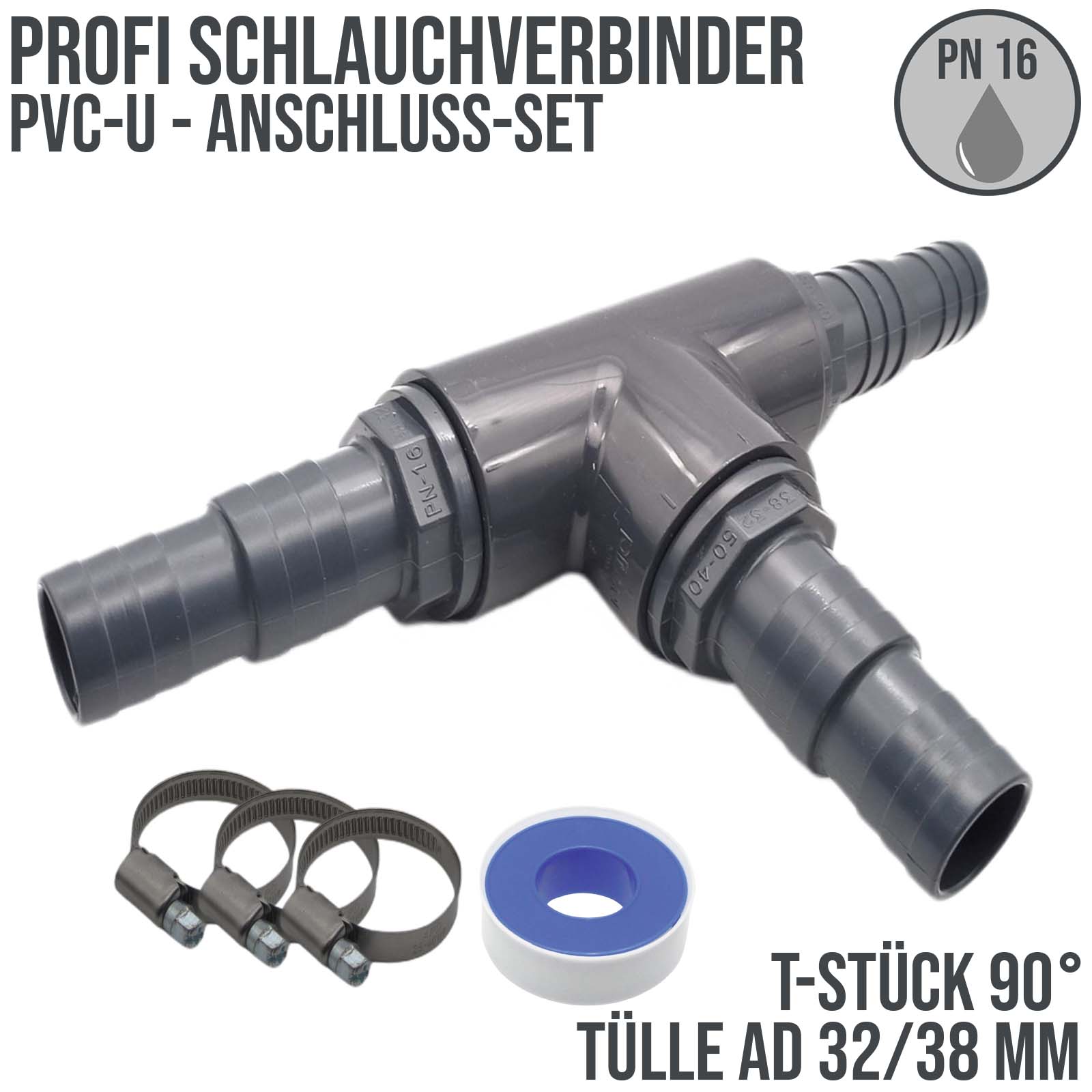 32 / 38 mm PVC PROFI T-Stück 90° Schlauch Verbinder Stutzen Tülle Pool Teich Garten - PN 10 bar - Montage-Set