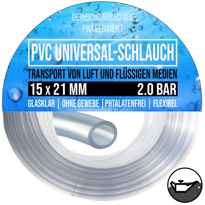 15 x 21 mm PVC Flüssigkeit Öl Luft Wasser Universal Labor Schlauch klar durchsichtig - PN 2 bar
