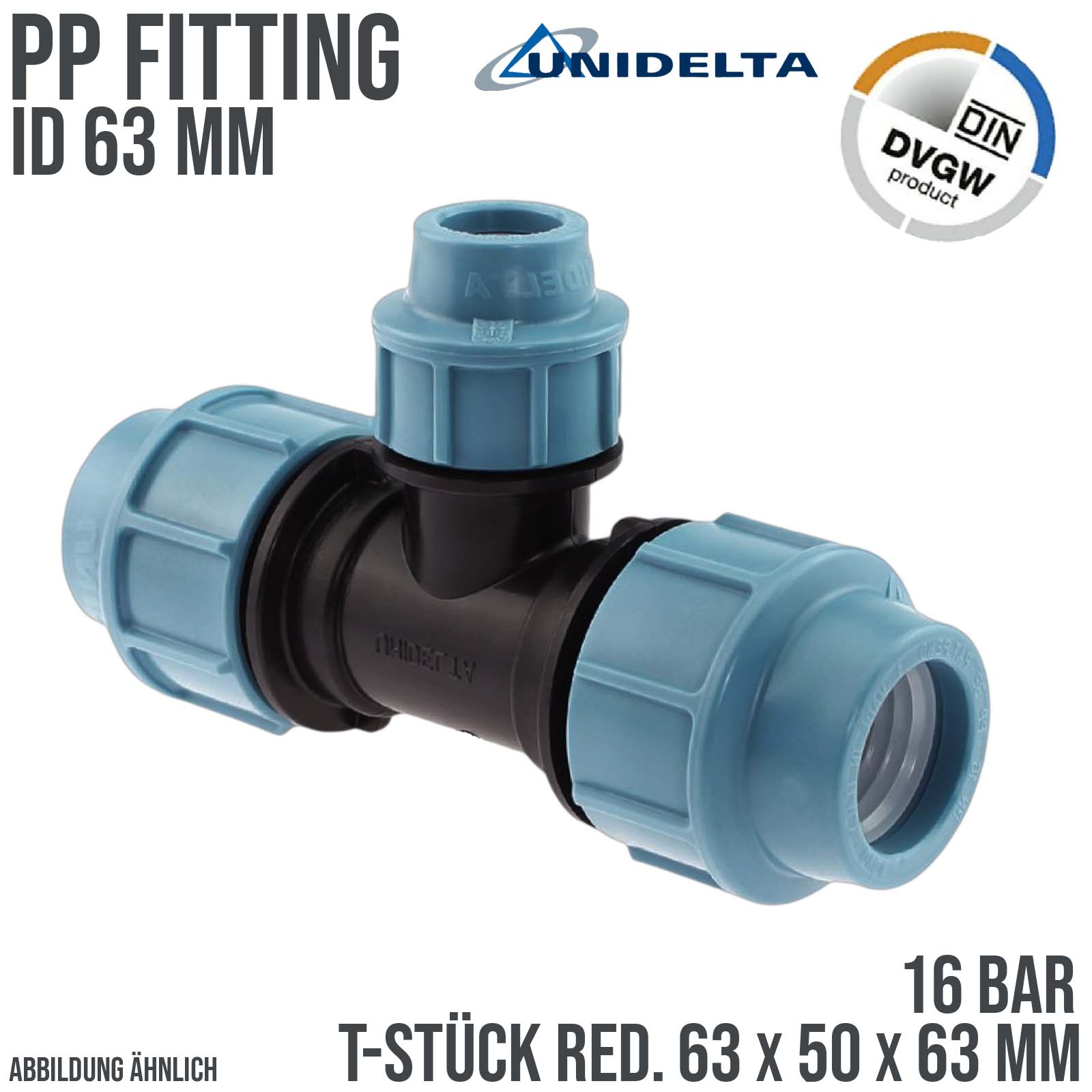 63 x 50 x 63 mm PE PP Fitting Klemm Verbinder Verschraubung Muffe reduziert T-Stück 90° DVGW - Unidelta