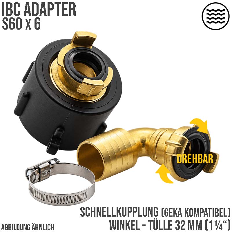 S60 x 6 IBC Adapter auf Schnellanschluss + 90° Kupplung drehbar 1 1/4" 32mm Container Tank Zubehör (GEKA kompatibel)