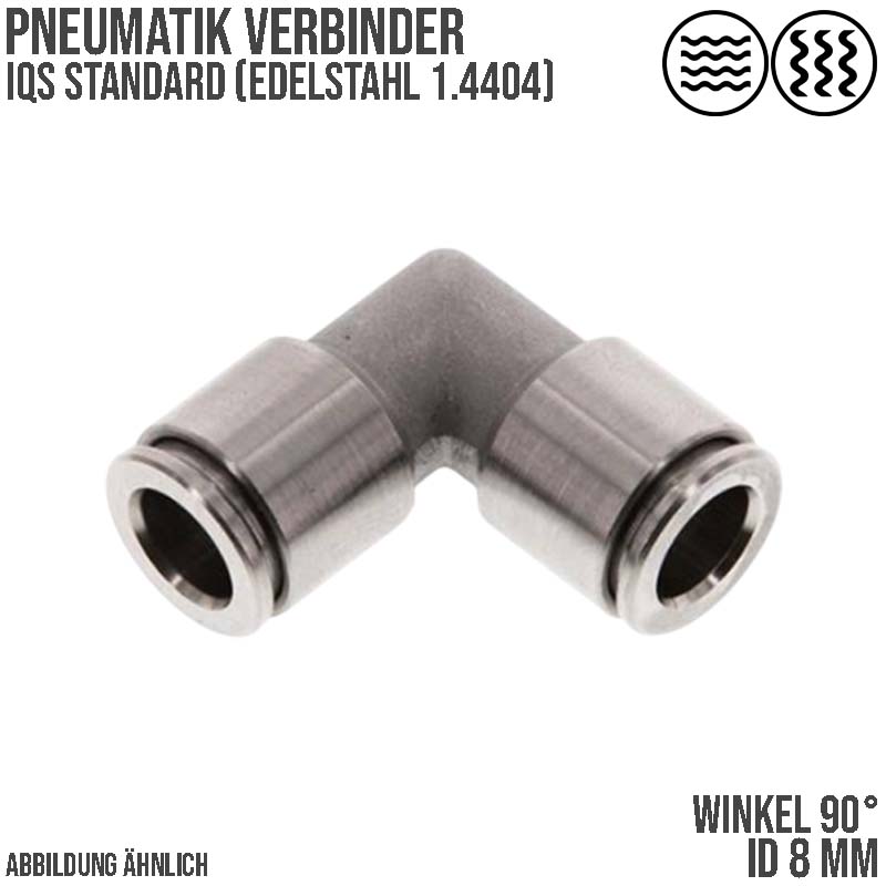 8 mm Pneumatik Schnell Steck Verbinder IQS Winkel 90° Edelstahl 1.4404 PA PU Schlauch - PN 16 bar