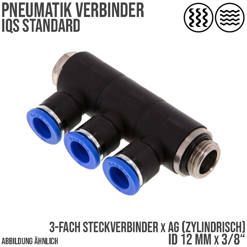 12 mm x 3/8" Pneumatik Steck Verbinder 3-fach Verteiler IQS Außengewinde zylindrisch - PN 20 bar