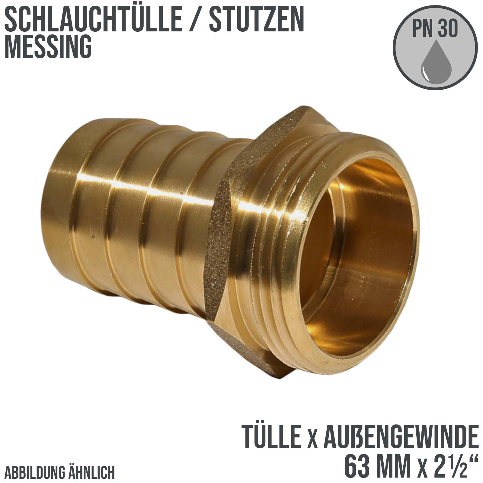 63 mm x 2 1/2" Zoll Zoll Schlauch Tülle Stutzen Außengewinde AG Nippel Messing Fittings - PN 30 bar 