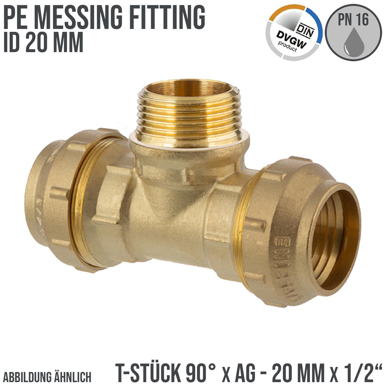 20 mm x 1/2" PE Fitting Klemm Verbinder Messing Verschraubung Muffe T-Stück 90° x AG DVGW - PN 16 bar