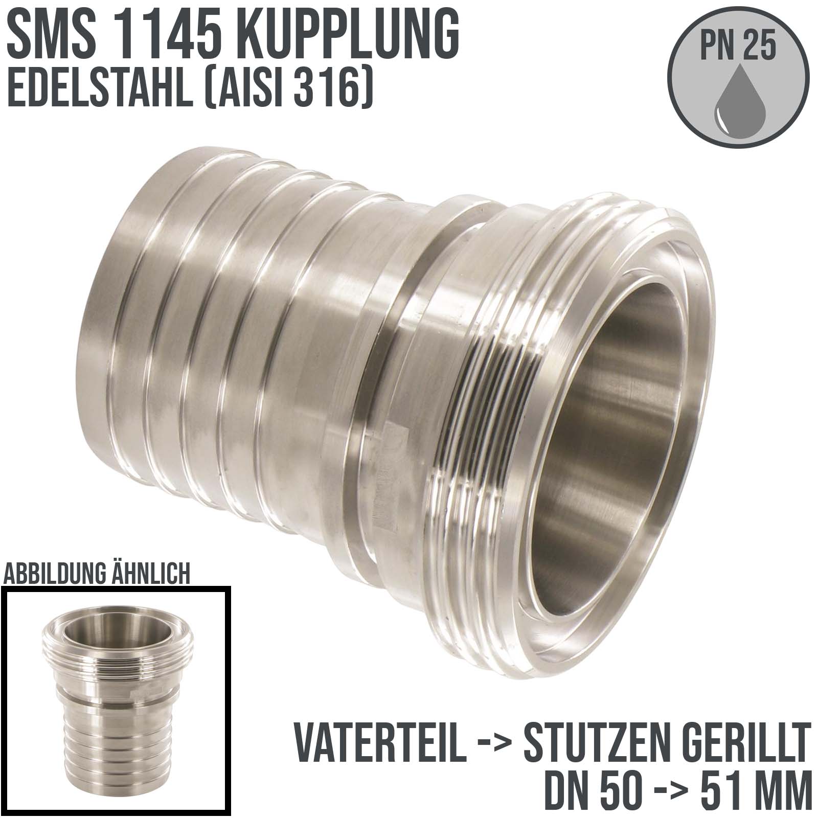 DN 50 SMS Kupplung 1145 Vaterteil VT Außengewinde Sicherungsbund - Stutzen gerillt 51 mm - PN 25 bar