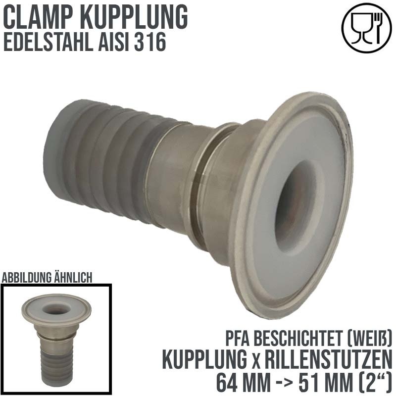 CLAMP Kupplung 64 mm Schlauch Rillen Stutzen Tülle PFA beschichtet 51 mm 2" - PN 16 bar