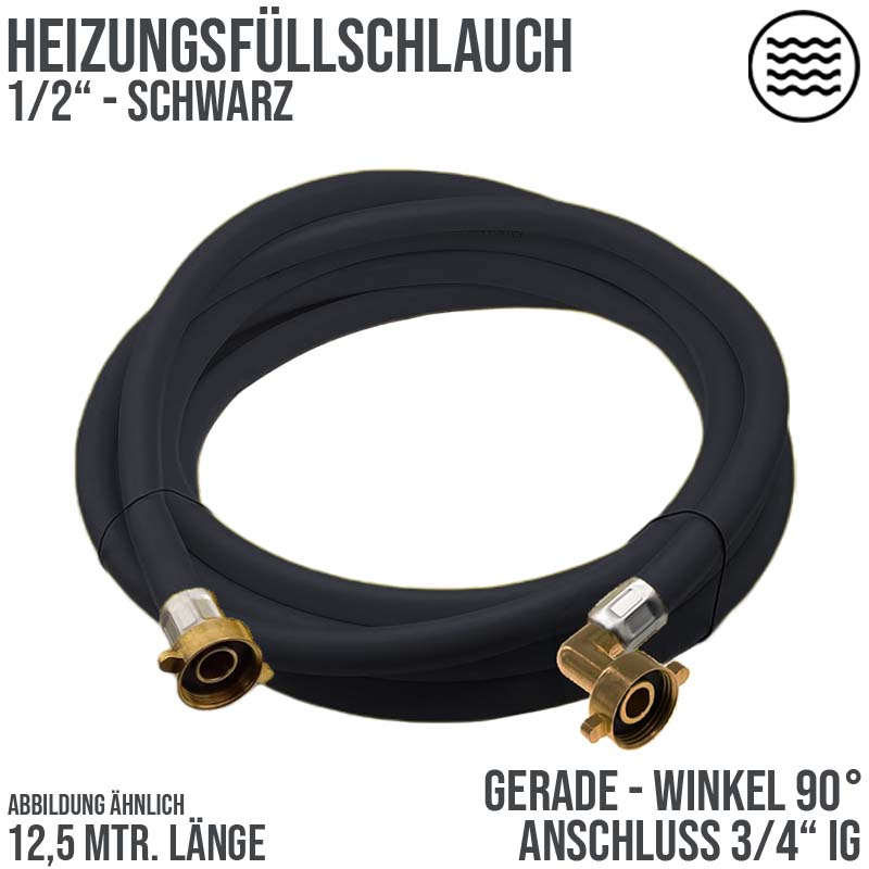 12,5 m Heizungs Füll Wasser Heizkörper Radiator Sanitär Schlauch schwarz - 3/4" Gerade/Winkel Anschluss - PN 8 bar