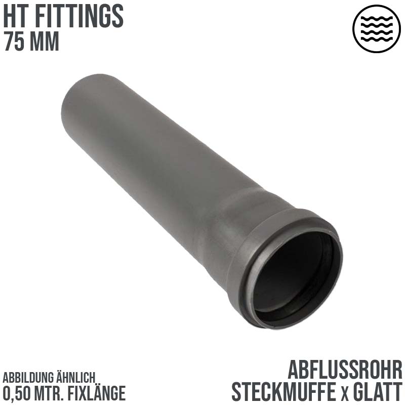 75 mm PP Abfluß Abwasser HT KG Rohr grau - 0,50 m Fixlänge