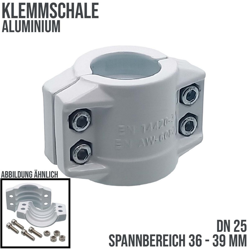 DN 25 Klemmschale Aluminium weiss Spannbereich 36 - 39 mm für Schlauch ID x AD 25 x 37 mm - PN 25 bar