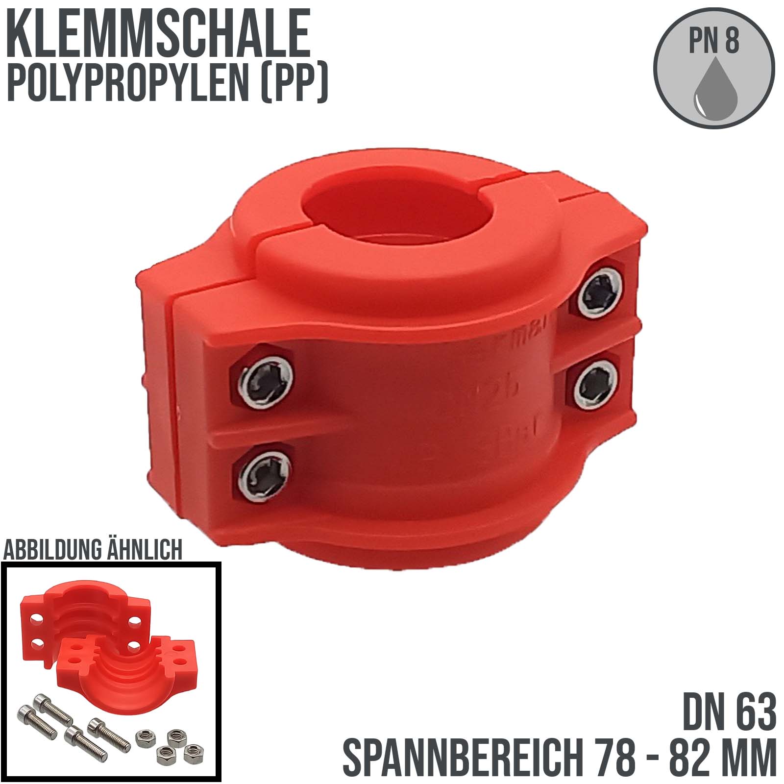 DN 63 Klemmschale Polypropylen PP rot Spannbereich 78 - 82 mm für Schlauch ID x AD 63 x 79 mm - PN 8 bar