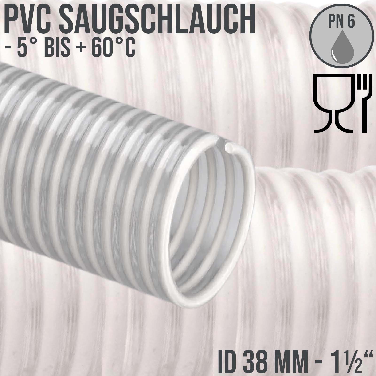 38 mm 1 1/2" Zoll Saug Ansaug Spiral Förder Pumpen Schlauch Lebensmittel Saatgut weiß PN 6 bar