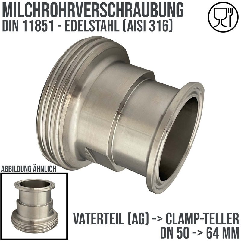 DN 50 Milchrohr Verschraubung DIN 11851 Übergang Adapter Vaterteil Außengewinde -> Clamp Teller 64,0 mm - PN 25 bar