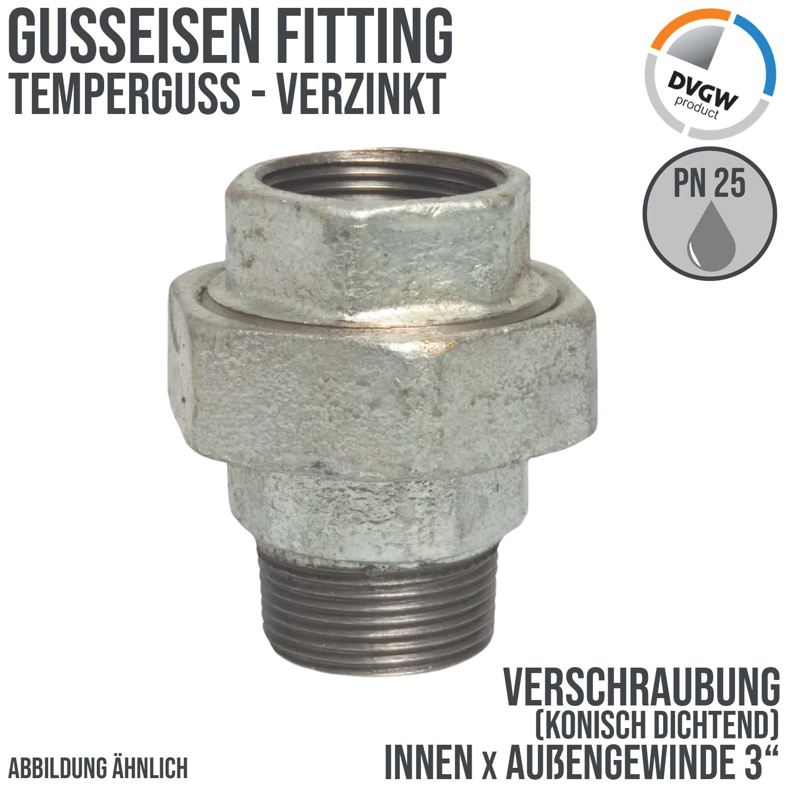 3" Gusseisen Temperguss Fitting Nr. 341 Verschraubung Innen x Außengewinde IG x AG DVGW konisch dichtend - PN 25 bar