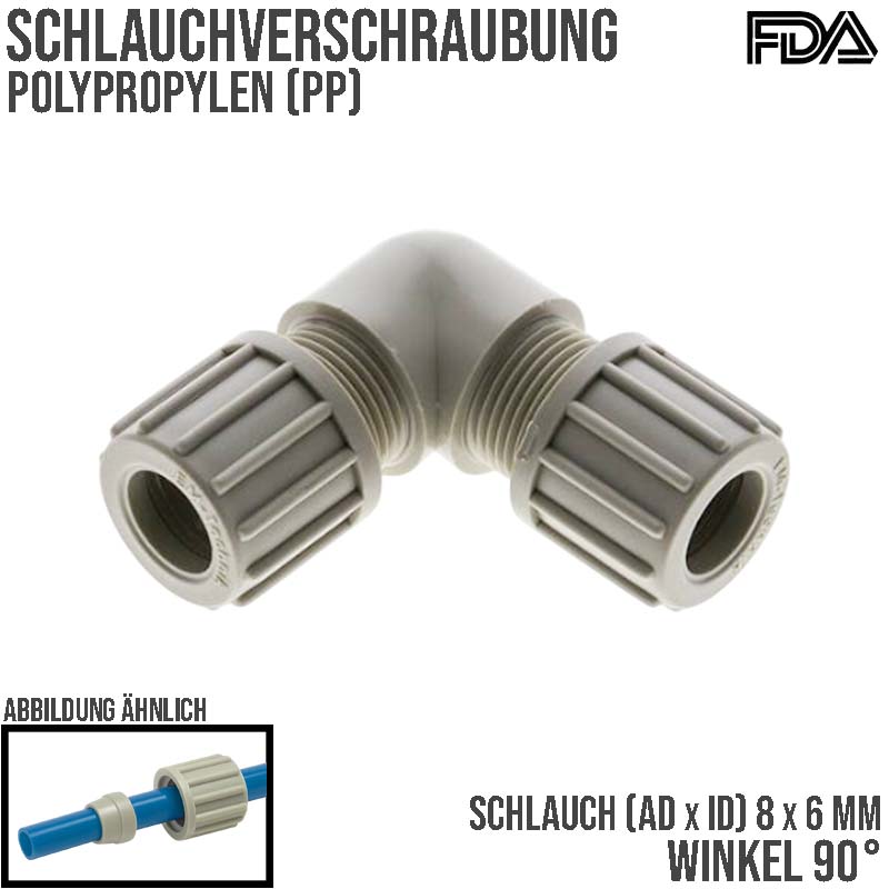 8 x 4 mm Winkel 90° Kupplung PA PP Schlauch Verschraubung Verbinder FDA - PN 10 bar