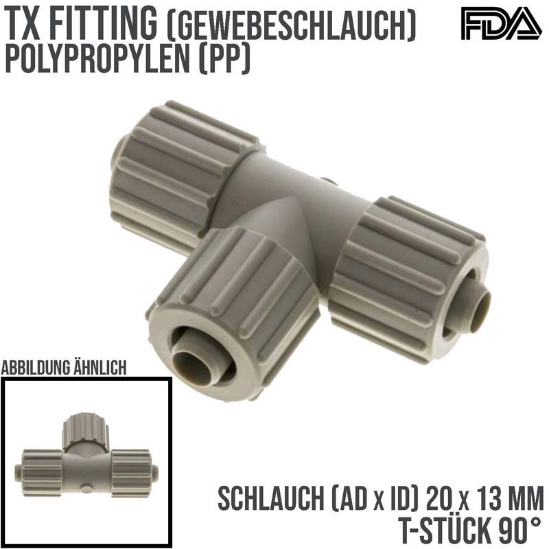 20 x 13 mm T-Stück 90° TX Fitting Gewebe Schlauch Verbinder FDA PP beige - PN 10 bar