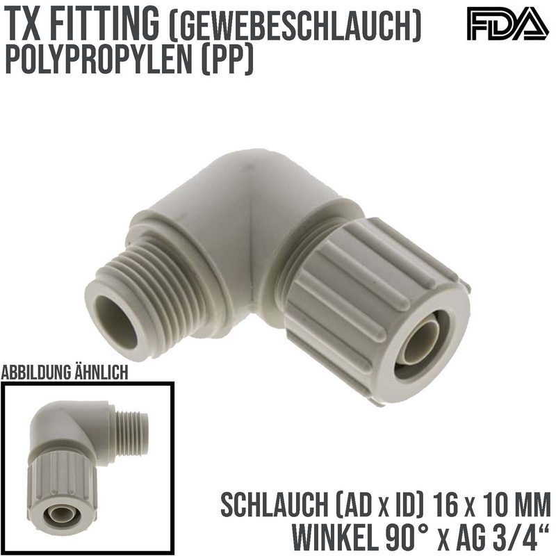 16 x 10 mm x 3/4" Winkel 90° Außengewinde TX Fitting Gewebe Schlauch Verbinder FDA PP beige - PN 10 bar