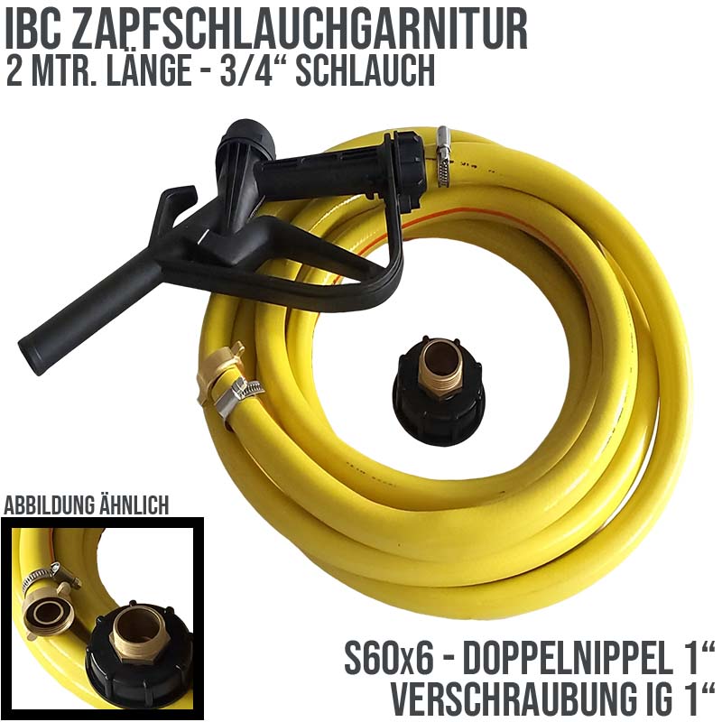 S60x6 IBC Zapf Schlauch Garnitur mit Doppelnippel Anschluss - 2 m (PP Pistole schwarz) - PN 5 bar