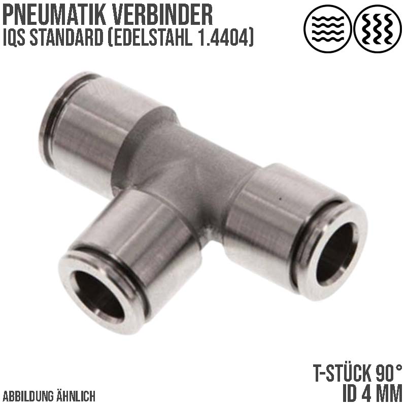 4 mm Pneumatik Schnell Steck Verbinder IQS T-Stück 90° Edelstahl 1.4404 PA PU Schlauch - PN 16 bar
