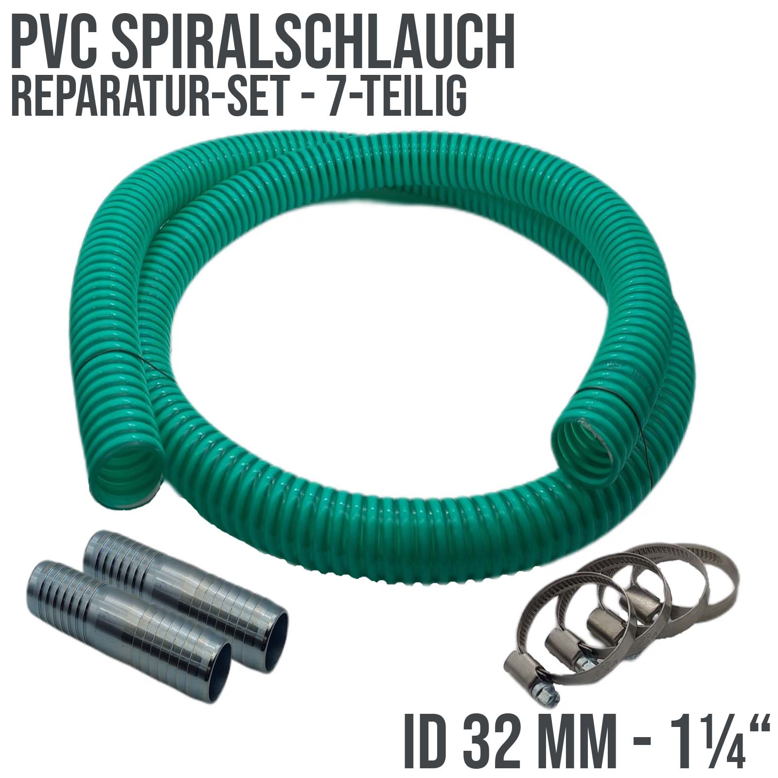 Schlauch Reparatur Set PVC Spiralschlauch grün Verlängerung 32 mm (1 1/4") - 7-teilig