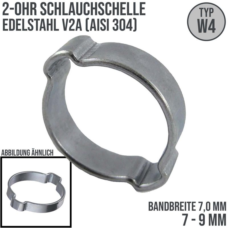 7 - 9 mm 2-Ohr Doppel Schlauch Schelle Edelstahl 1.4307 W4 - Bandbr. 7,0 mm