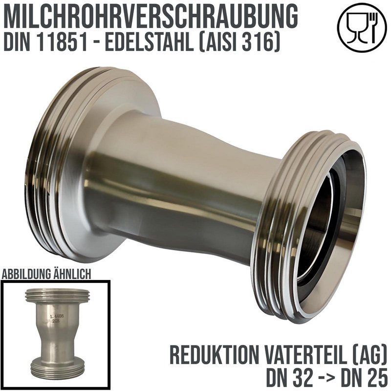 DN 32 -> DN 25 Milchrohr Verschraubung DIN 11851 VT Vaterteil Reduktion Außen x Außengewinde RD - PN 25 bar