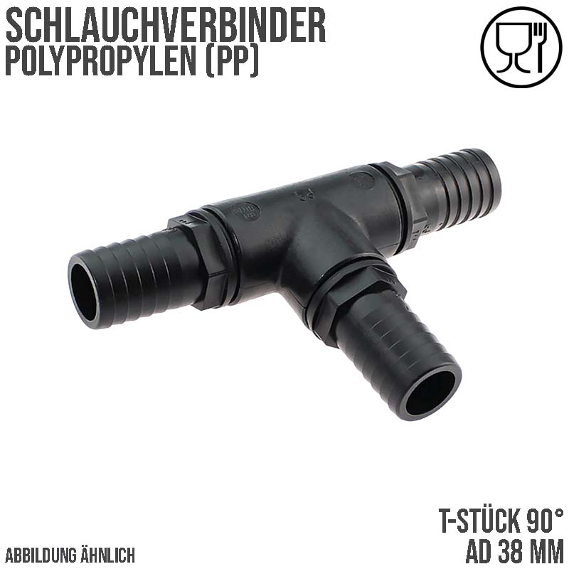 38 mm T-Stück 90° PP Schlauch Verbinder 3-fach Stutzen Tülle Pool Teich Garten schwarz - PN 6 bar