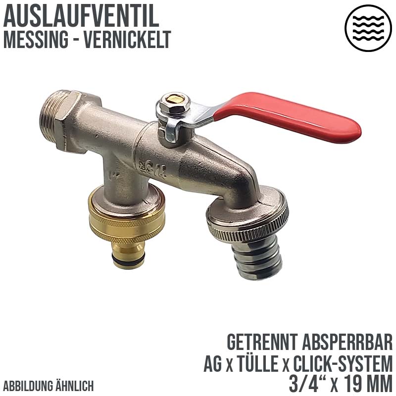 3/4" Messing Auslauf Ventil Hahn 2-fach Auslass 19 mm Tülle Click System PN 10 bar