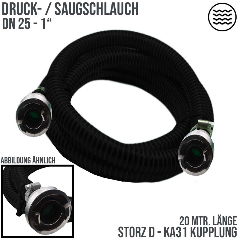 STORZ D DN25 KA31 - 25 mm 1" PVC Saug Ansaug Pumpen Spiral Schlauch PN 5 bar schwarz - 20 m Rolle