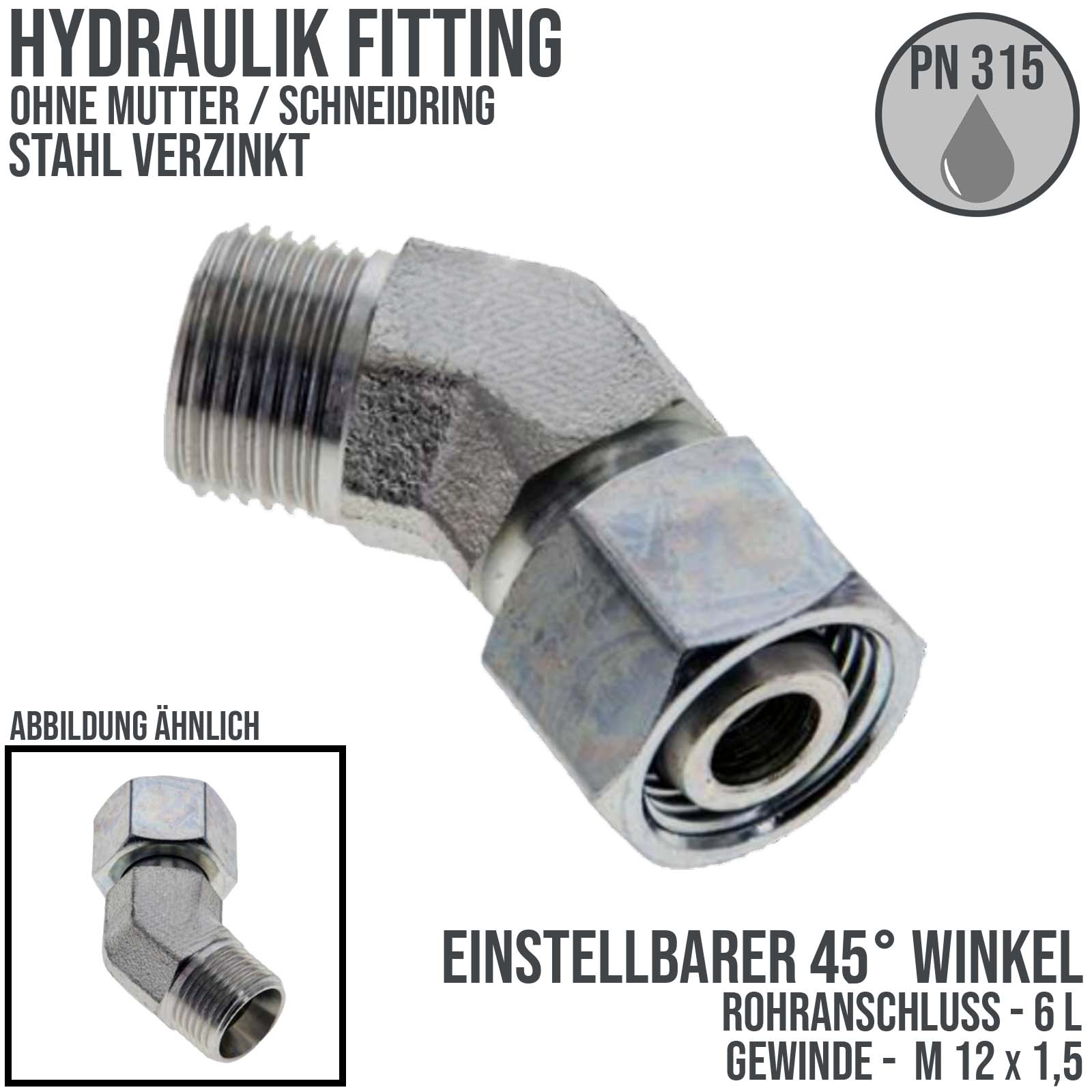 28 L Schneidring Verschraubung einstellbarer Winkel 45° M 36 x 2,0 AG x IG ohne Mutter / Schneidring - PN 160 bar