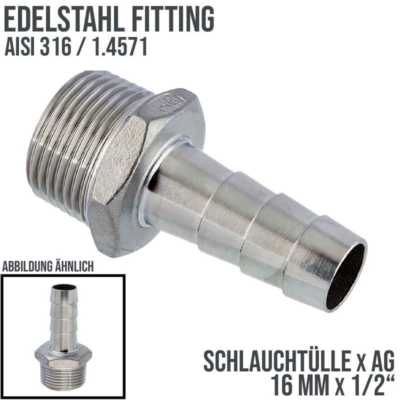 16 mm x 1/2" Zoll Schlauch Tülle Stutzen Außengewinde AG Nippel Edelstahl AISI 316 VA  Fitting - PN 20 bar