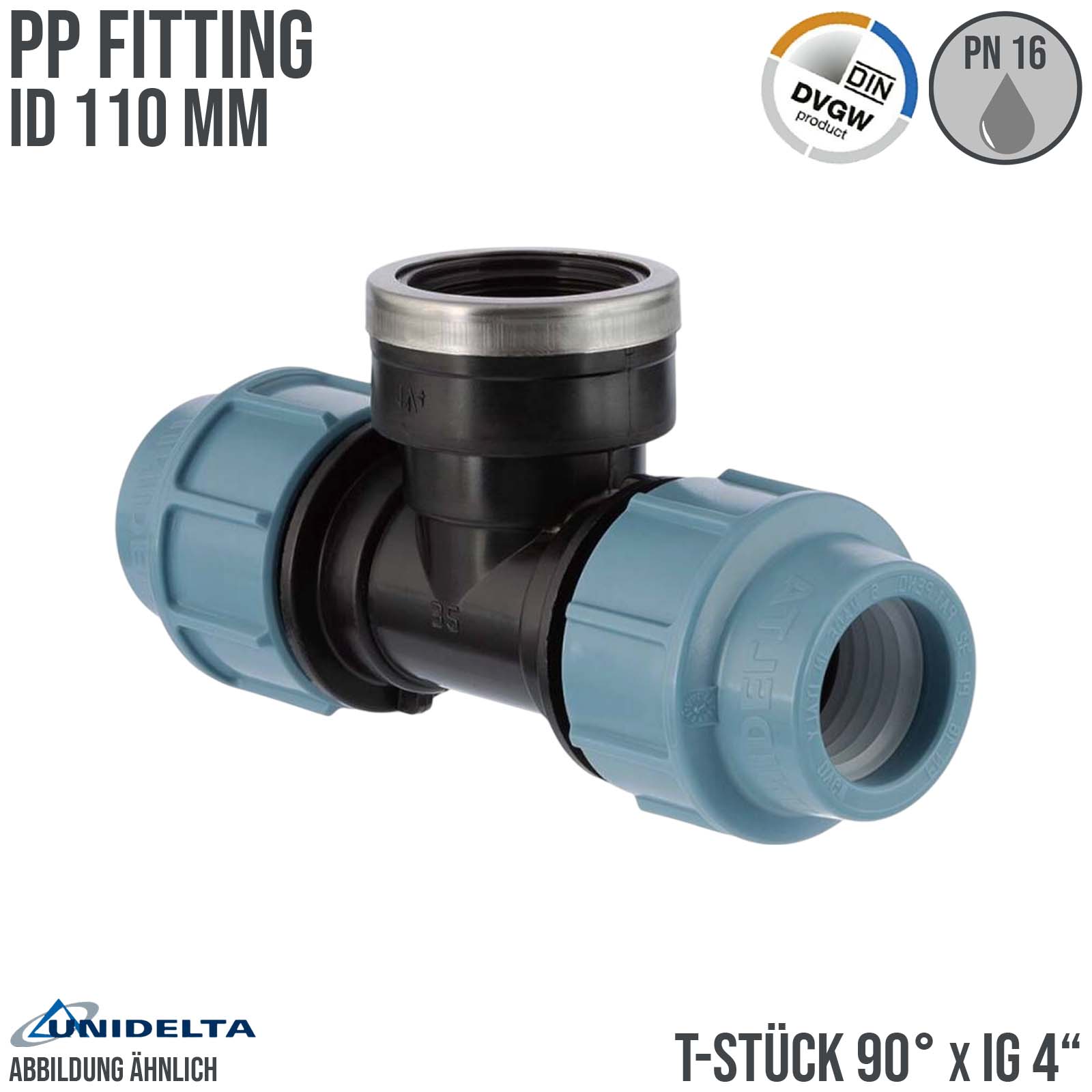 110 mm x 4" PE PP Fitting Klemm Verbinder Verschraubung Rohr T-Stück 90° x IG DVGW - Unidelta 