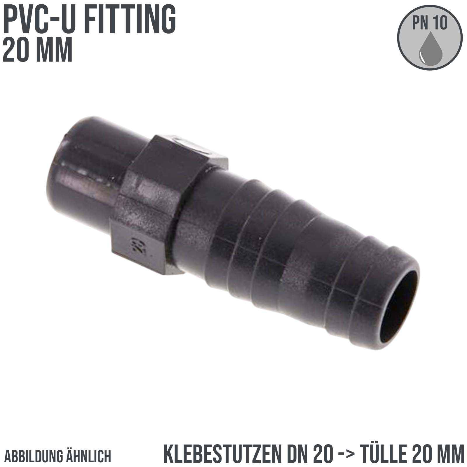 20 mm PVC Klebefitting Schlauch Klebe Tülle Stutzen Verbinder Pool Teich DN20 -> 20 mm - PN 10 bar