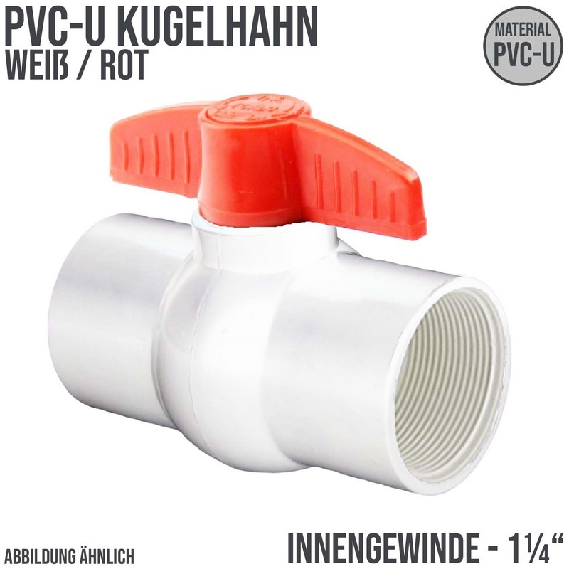 1 1/4" PVC Kugel Absperr Hahn Ventil ECO weiss beitseitiges Innengewinde PN 10 bar - roter Griff