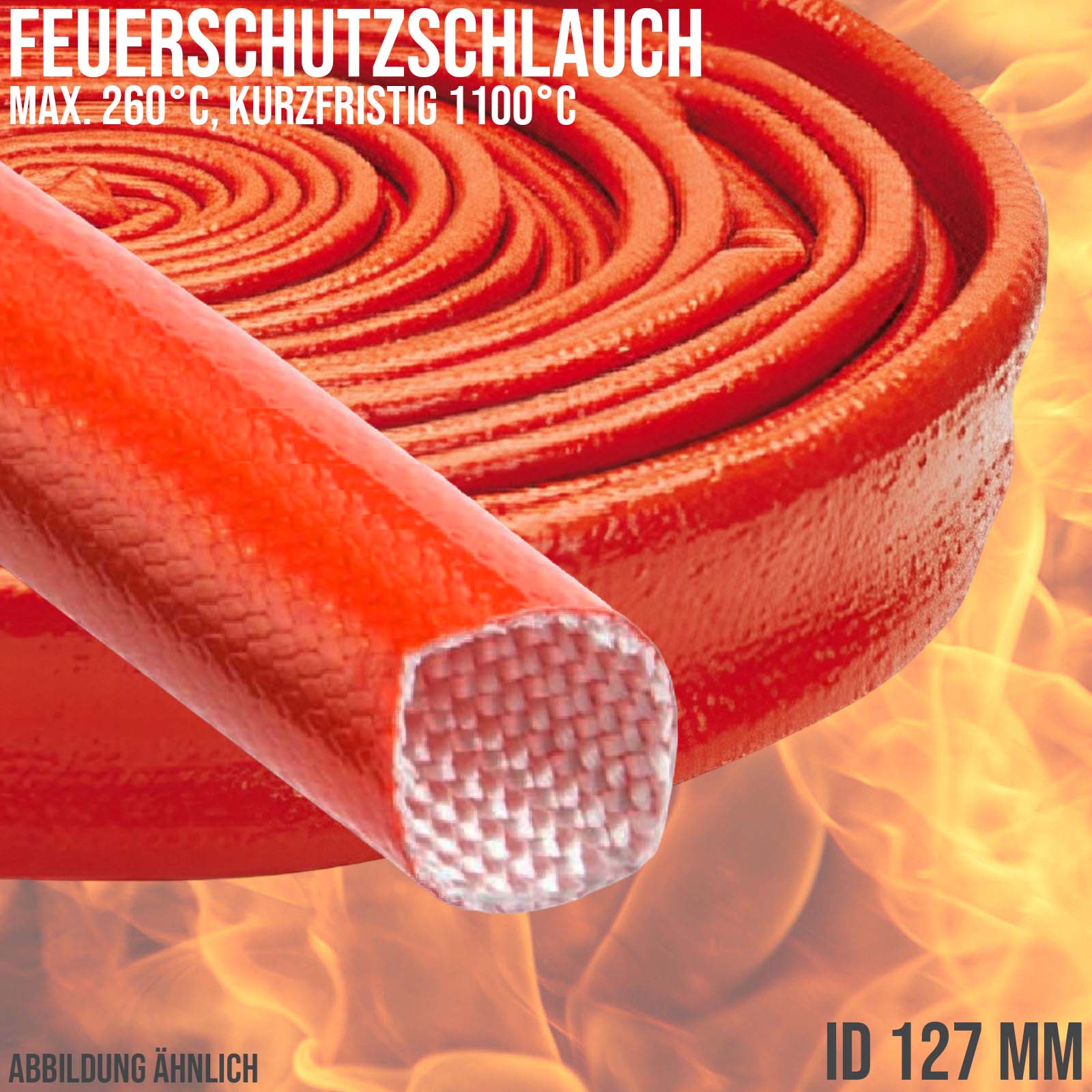 127 x 6,0 mm Feuer Flamm Brand Schutz Schlauch Silikon Fiberglas DN rot EN 45545 DIN5510-2 - 15 m