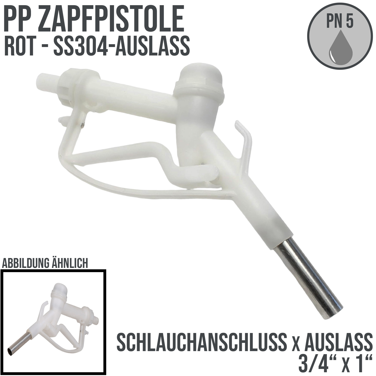 Zapfpistole (PP) weiss Anschluss 3/4" auf Auslass 1" SS304 (für leicht ätzende Flüssigkeiten)