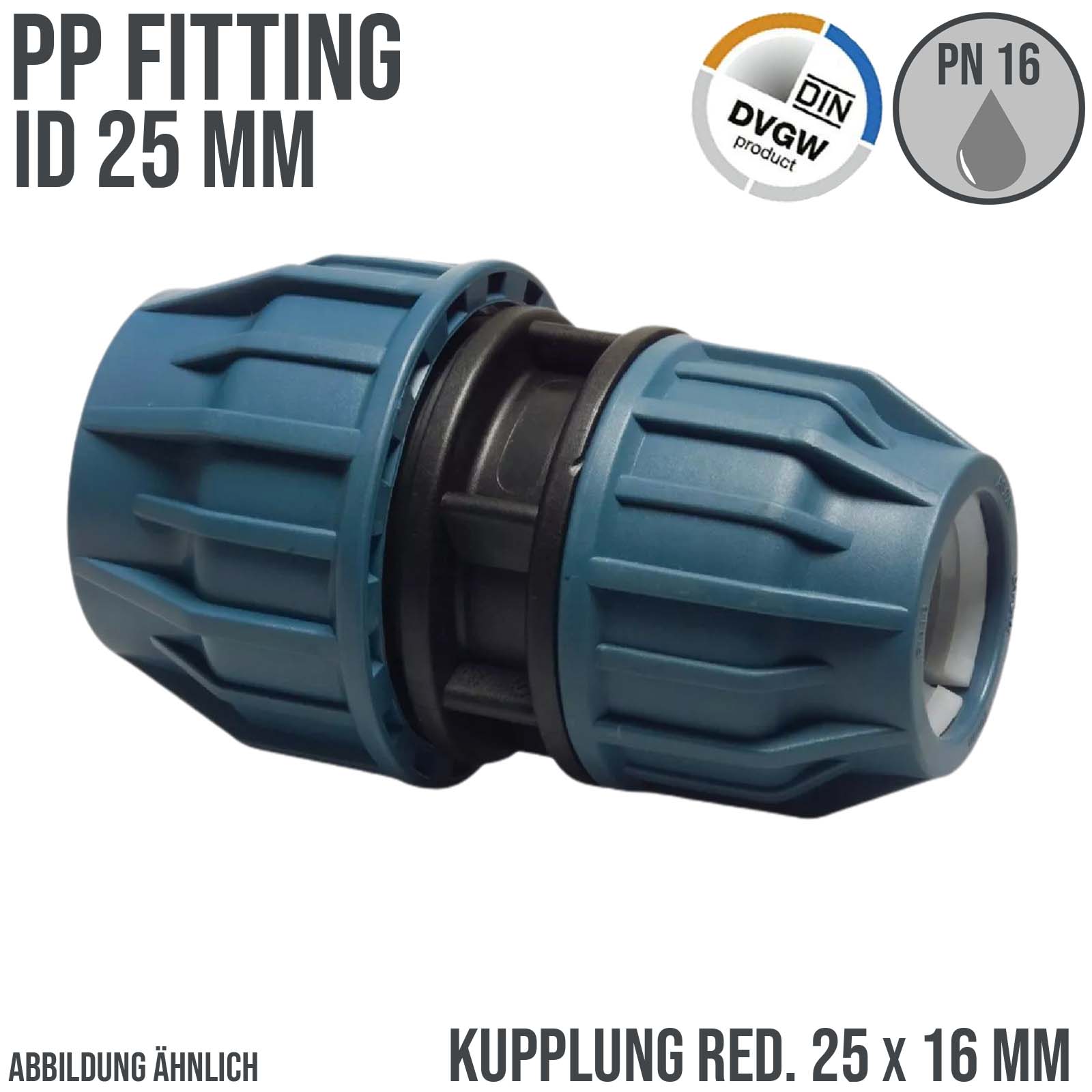 25 x 16 mm PE PP Fitting Klemm Verbinder reduziert Verschraubung Muffe Kupplung DVGW - PN 16 bar
