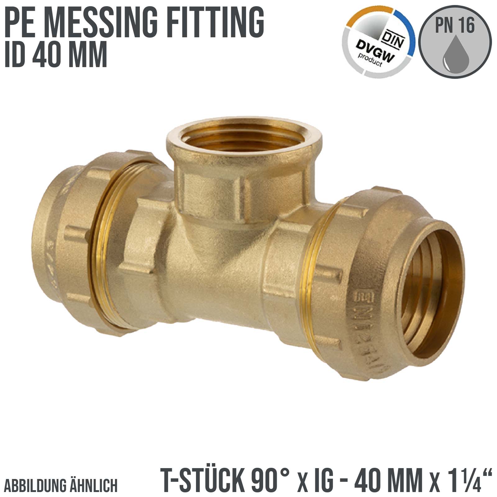 40 mm x 1 1/4" PE Fitting Klemm Verbinder Messing Verschraubung Muffe T-Stück 90° x IG DVGW - PN 16 bar