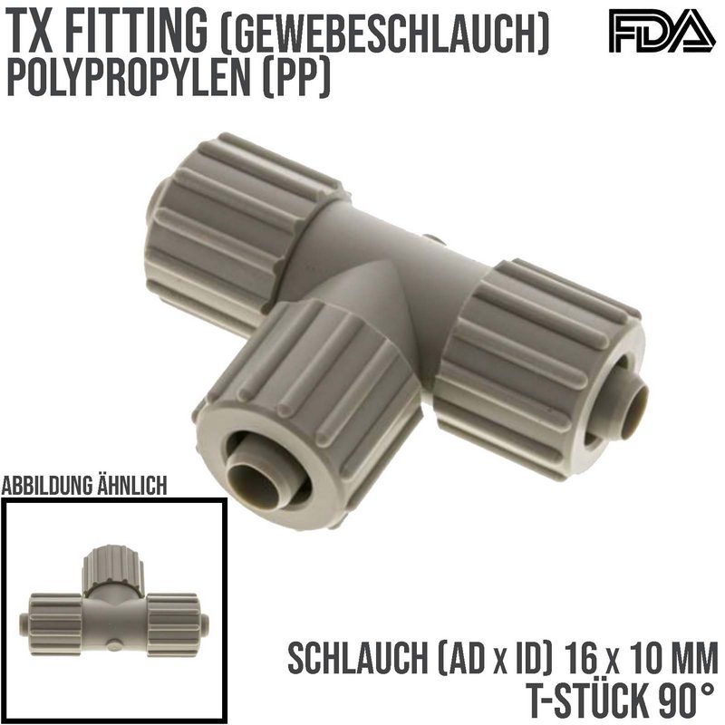 16 x 10 mm T-Stück 90° TX Fitting Gewebe Schlauch Verbinder FDA PP beige - PN 10 bar