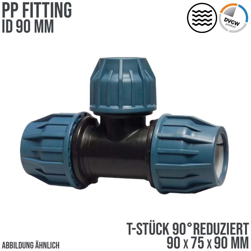 90 x 75 x 90 mm PE PP Fitting Klemm Verbinder Verschraubung Muffe reduziert T-Stück 90° DVGW - PN 16 bar
