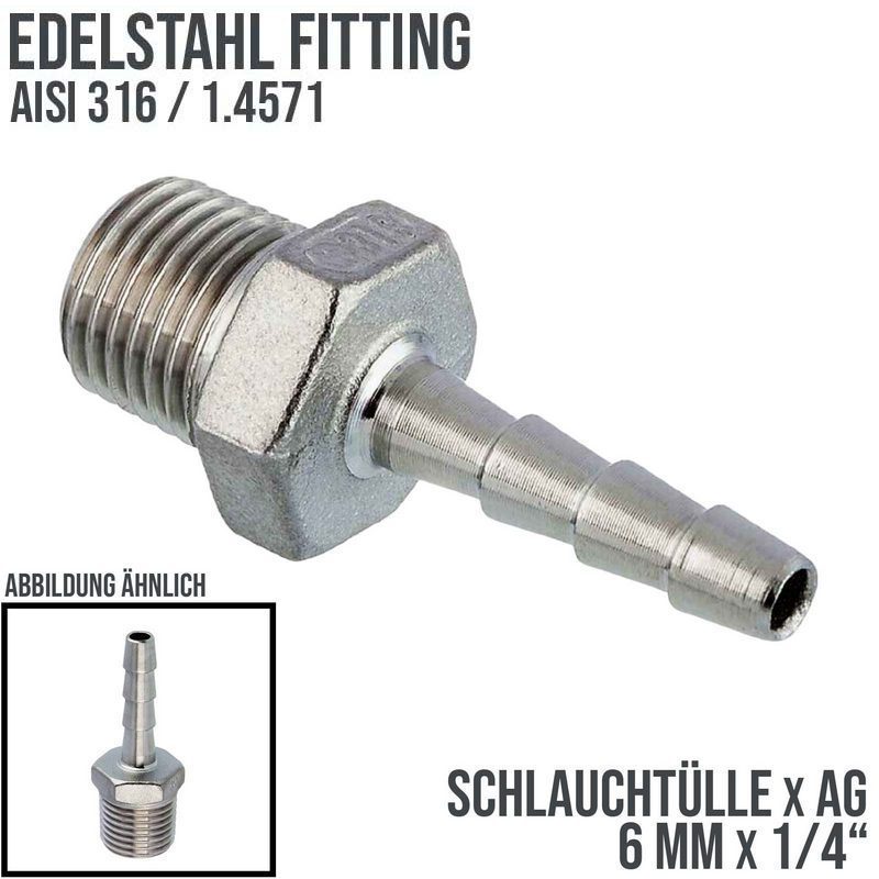 6 mm x 1/4" Zoll Schlauch Tülle Stutzen Außengewinde AG Nippel Edelstahl AISI 316 VA  Fitting - PN 20 bar
