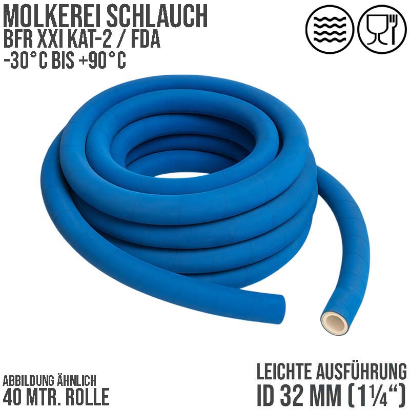32 mm 1 1/4" Molkerei Lebensmittel Schlauch leicht BfR FDA NBR NVC blau weiß - PN 10 bar - 40 m Rolle